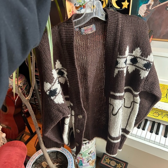 Vintage 60s 70s Grandpa Boho Brown and Cream Cardigan Medium - Picture 10 of 15